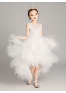 Elegant White Flower Girl Dress with Asymmetrical Skirt