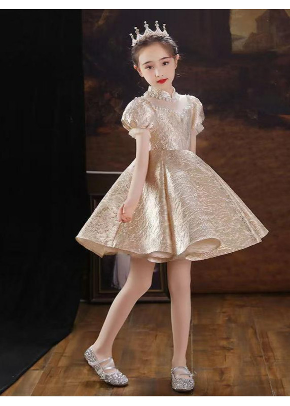 Elegant Short Flower Girl Dress in Golden Jacquard Fabric