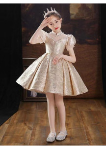 Elegant Short Flower Girl Dress in Golden Jacquard Fabric