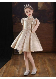 Elegant Short Flower Girl Dress in Golden Jacquard Fabric