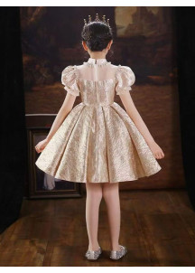 Elegant Short Flower Girl Dress in Golden Jacquard Fabric