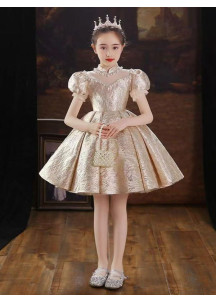 Elegant Short Flower Girl Dress in Golden Jacquard Fabric