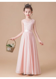 robe cérémonie petite fille longue en mousseline rose poudré sans manches