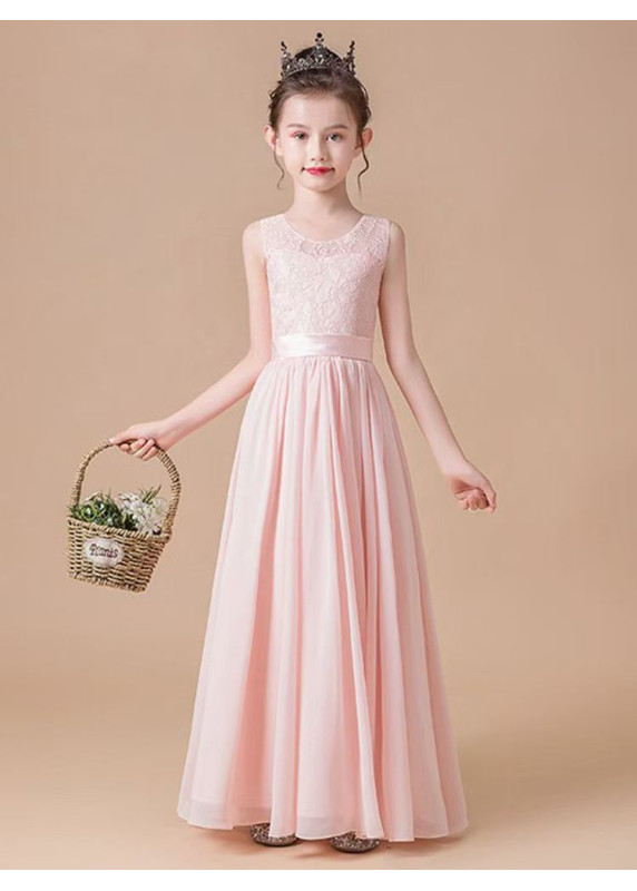 Elegant Long Flower Girl Dress in Pale Pink Mousseline