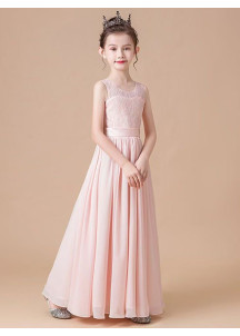 robe cérémonie petite fille longue en mousseline rose poudré sans manches