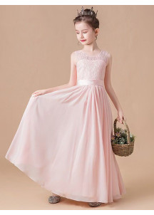 Elegant Long Flower Girl Dress in Pale Pink Mousseline