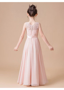 robe cérémonie petite fille longue en mousseline rose poudré sans manches