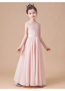 robe cérémonie petite fille longue en mousseline rose poudré sans manches