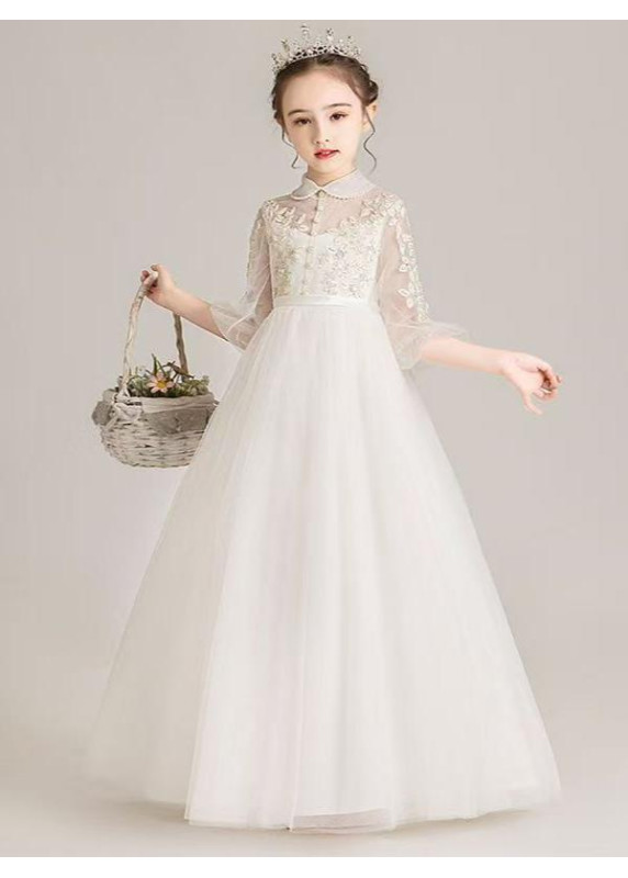 robe baptême petite fille longue en tulle blanc et dentelle florale à col Claudine