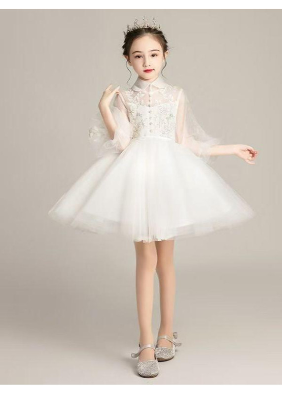 Long White Christening Dress with Floral Lace and Claudine Collar