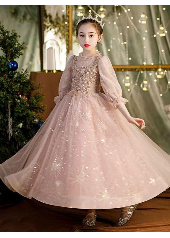 Long Champagne Evening Dress for Little Girls with Golden Glittering Stars