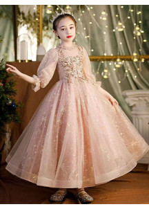 Long Champagne Evening Dress for Little Girls with Golden Glittering Stars