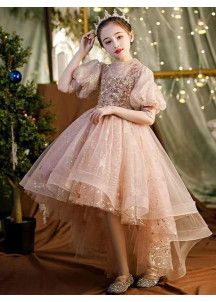 robe soirée petite fille longue en tulle champagne parsemée d'étoiles dorées scintillantes