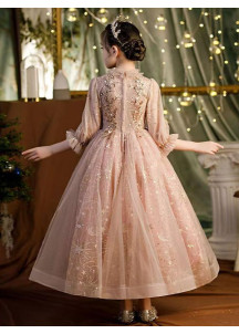 Long Champagne Evening Dress for Little Girls with Golden Glittering Stars