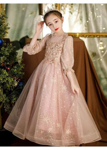 robe soirée petite fille longue en tulle champagne parsemée d'étoiles dorées scintillantes