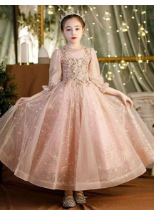 Long Champagne Evening Dress for Little Girls with Golden Glittering Stars