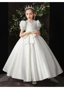 Long White Satin Evening Dress for Little Girls with Large Bow at the Waist