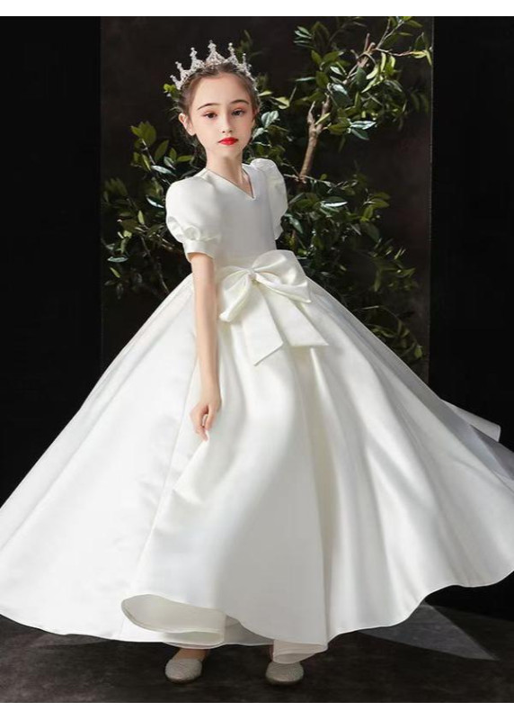 Long White Satin Evening Dress for Little Girls with Large Bow at the Waist