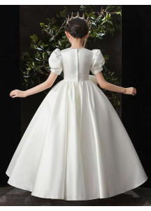 Long White Satin Evening Dress for Little Girls with Large Bow at the Waist