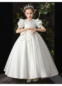 Long White Satin Evening Dress for Little Girls with Large Bow at the Waist