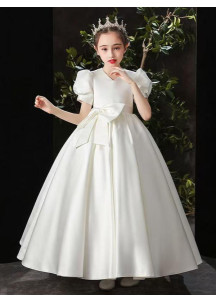 Long White Satin Evening Dress for Little Girls with Large Bow at the Waist