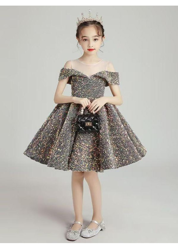 Long Multicolored Sequined Evening Dress for Little Girls