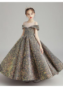 robe soirée petite fille longue en tissu entièrement recouvert de sequins multicolores