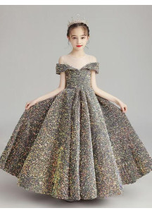 robe soirée petite fille longue en tissu entièrement recouvert de sequins multicolores