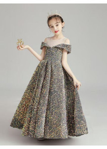 Long Multicolored Sequined Evening Dress for Little Girls