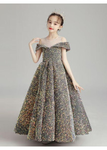 Long Multicolored Sequined Evening Dress for Little Girls