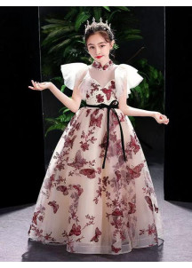 robe soirée petite fille longue en tulle beige clair brodé de papillons rouges profonds