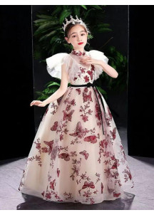 Long Beige Tulle Evening Dress for Little Girls with Deep Red Butterfly Embroidery