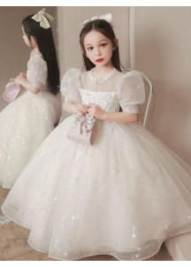 Ivory Tulle Wedding Dress for Little Girl with Delicate Sequins