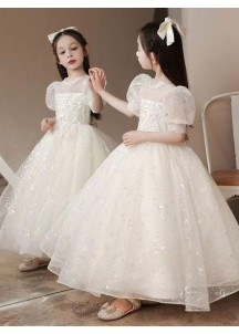 robe mariage petite fille longue en tulle ivoire parsemée de sequins délicats