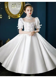 Elegant White Satin Wedding Dress for Young Girl