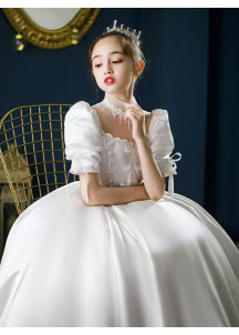 Elegant White Satin Wedding Dress for Young Girl