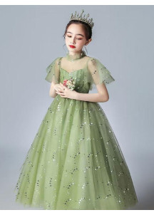 robe cérémonie petite fille longue en tulle vert parsemé de sequins scintillants