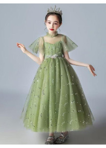 robe cérémonie petite fille longue en tulle vert parsemé de sequins scintillants