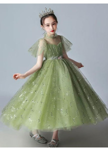 robe cérémonie petite fille longue en tulle vert parsemé de sequins scintillants