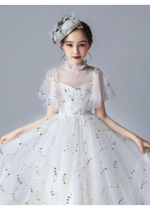 Long Green Tulle Wedding Dress for Young Girl with Sparkling Sequins