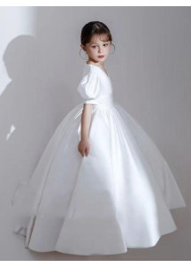 White Satin Christening Dress for Young Girl with V-Neckline and Short Puffed Sleeves