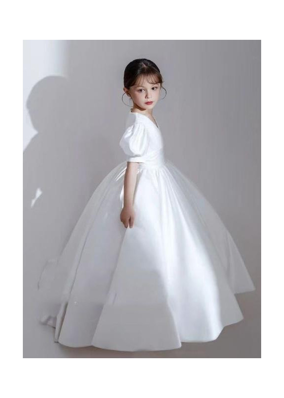 White Satin Christening Dress for Young Girl with V-Neckline and Short Puffed Sleeves