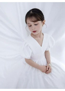 White Satin Christening Dress for Young Girl with V-Neckline and Short Puffed Sleeves