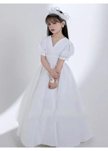 White Satin Christening Dress for Young Girl with V-Neckline and Short Puffed Sleeves