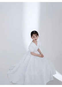 White Satin Christening Dress for Young Girl with V-Neckline and Short Puffed Sleeves