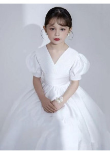 White Satin Christening Dress for Young Girl with V-Neckline and Short Puffed Sleeves