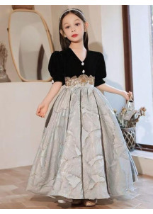 Ceremonial Dress for Young Girl - Black Velvet and Silver Jacquard