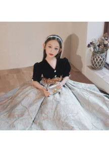 Ceremonial Dress for Young Girl - Black Velvet and Silver Jacquard