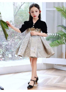 Ceremonial Dress for Young Girl - Black Velvet and Silver Jacquard