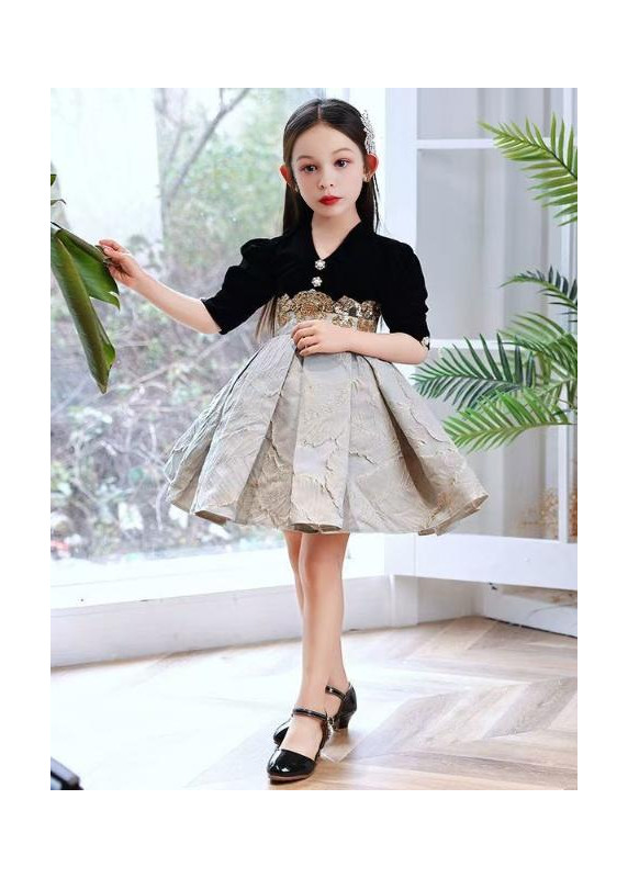 Ceremonial Dress for Young Girl - Black Velvet and Silver Jacquard